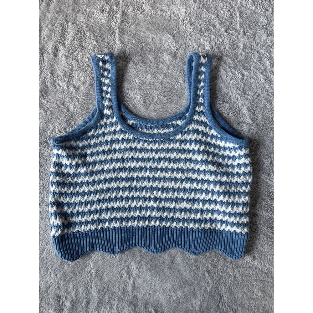 Blue and White Striped Knit Crop Tank Top Scalloped Hem M Cottagecore Feminine